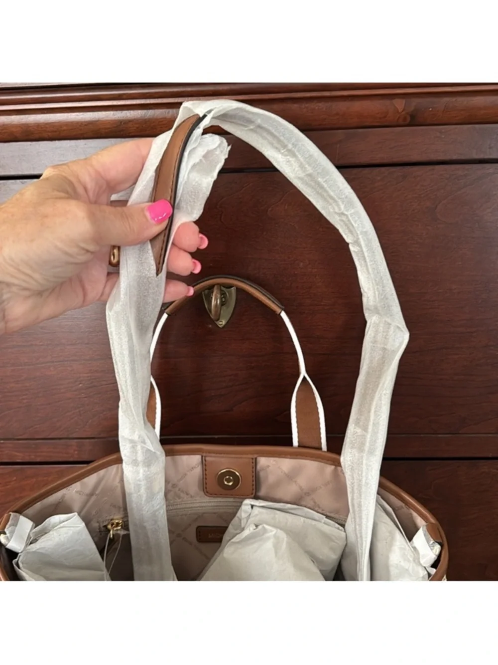 MICHAEL KORS Maeve Small Canvas Open Tote Luggage Leather NWT $298